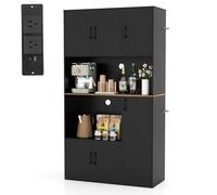 RELAX4LIFE Credenza Armadio da Cucina, Scaffale Alto con 4 Armadietti con Ante e 2 Ampi Ripiani Aperti, Prese di Ricarica, Foro per Cavi, per Soggiorno Ufficio Sala da Pranzo (NERO)