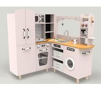 RELAX4LIFE Cucina Giocattolo per Bambini, Cucina ad Angolo in Legno, Effetti Suoni e Luci, Fornelli, Frigorifero, Macchina da Caffè, Lavatrice e Utensili, per Bambini 3+ Anni (Rosa)