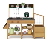 RELAX4LIFE Cucina Giocattolo per Bambini, Cucina da Gioco in Legno con Fioriera, Lavandino Estraibile, Rubinetto, Fornelli e Utensili da Cucina Gioco da Esterno per Bambini 3-8 Anni (Marrone)