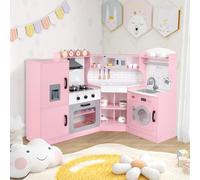 RELAX4LIFE Cucina Giocattolo per Bambini, Mini Cucina in Legno, Suoni e Luci Realistici, Cucina Giocattolo con Lavello, Fornelli, Microonde, Frigorifero e Accessori, per Bambini 3+ Anni (Rosa)