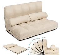 RELAX4LIFE Divano 2 Posti Trasformabile in Letto con 2 Cuscini da Pavimento, Design Pieghevole e Salvaspazio e Schienale Regolabile in 6 Livelli (Beige)