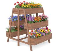 RELAX4LIFE Fioriera da Esterno a 3 Livelli, Fioriera Elevato a 6 Cassette a Forma di Scala con Fori di Drenaggio, Orto Rialzato in Legno di Abete con Base a Doghe per Piante (Marrone, 126x90x115cm)