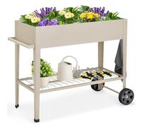 RELAX4LIFE Fioriera da Esterno, Orto Rialzato da Esterno Mobile con Ripiano Ganci Gambe Metalliche Foro di Drenaggio e Impugnatura, Fioriera con Ruote da Giardino Balcone Terrazza (Bianco)