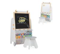 RELAX4LIFE Lavagna 4-in-1 con Sgabello, Lavagna Altezza Regolabile con Ruote, a Gesso, Bianca Magnetico, Ampia Piani di Lavoro & Rotolo di Carta, Regalo per Bambini da 3 Anni in Su