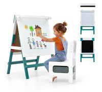 RELAX4LIFE Lavagna per Bambini Bifacciale e Sedia, 55×48×75-94cm (Verde) | Cavalletto 3 in 1 con Altezza Regolabile, Porta Rotoli, 2 Barre Magnetiche, Sedia con Schienale e Cestino, Set per 3+ Anni