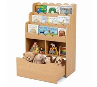 RELAX4LIFE Libreria Montessori per Bambini in Legno con Rotelle (Naturale) | 3 Ripiani, 2 Scomparti, Cassetto Grande con Rotelle, Design Antiribaltamento, Ideale per Cameretta, Asilo Nido e Scuola Mater