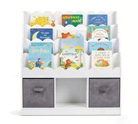 RELAX4LIFE Libreria Montessoriana per Bambini, Scaffale per Libri con 3 Scomparti Aperti e 2 Cassetti in Tessuto, Libreria per Bambini in Legno per Cameretta e Asilo Nido (Bianco, 90x30x91,5cm)