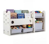 RELAX4LIFE Libreria Montessoriana per Bambini, Scaffale Porta giochi con 4 Scatole e 3 Ripiani, Portariviste Organizzatore per Cameretta e Stanza Giochi, 114 x 36,5 x 63 cm