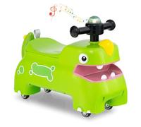 RELAX4LIFE Macchina Cavalcabile a Forma di Dinosauro con Claxon, Musica, Luci, Spazio di Stivaggio Sotto il Sedile & 4 Ruote Universali, Giocattolo da Cavalcare per Bambini (VERDE)