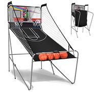 RELAX4LIFE Macchina da Pallacanestro Elettronica Pieghevole a Doppio Tiro con 8 Opzioni di Gioco, 4 Palline e Pompa, Valutazione Elettronica con LED, 109 x 203 x 206 cm