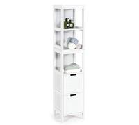 RELAX4LIFE Mobiletto Bagno Salvaspazio, Mobile Colonna da Bagno Alto e Stretto in Legno, Scaffale Multiuso con 2 Cassetti e 3 Ripiani, 144,5 x 30 x 30 cm, Bianco