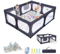 RELAX4LIFE Recinto Bambini 189 x 158 cm con Base a Ventosa, Materassino Pieghevole, Box Giochi, 4 Anelli e 50 Palline, 2 Entrate Laterali, Tasca Portaoggetti e Borsa Trasporto, Rete Traspirante