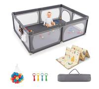 RELAX4LIFE Recinto Bambini con Materassino Pieghevole, Box Giochi, 4 Anelli e 50 Palline, Tasca Portaoggetti e Borsa per il Trasporto, Rete Traspirante (GRIGIO SCURO, 206x147,5cm)