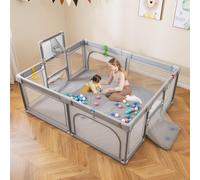 RELAX4LIFE Recinto per Bambini con Canestro da Basket e Porta da Calcio, 4 Anelli e 50 Palline Colorate, Porta con Cerniera in Rete, Pieghevole con Borsa da Trasporto (Grigio, 190x160cm)