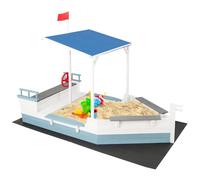 RELAX4LIFE Sabbiera con Tettuccio per Bambini, a Forma di Nave Pirata, Giocattoli da Spiaggia in Legno di Abete, Barca con Bandiera Timone e Sedili, 218×110×162 cm