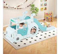 RELAX4LIFE Scivolo Pieghevole 3 in 1 per Bambini, a Tema Autobus con Casetta da Gioco, Tunnel per Strisciare, Corrimano Rialzati, Volante Simulato e Leva di Comando, 18 Mesi +, 204x45,5x82 cm