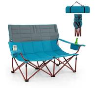 RELAX4LIFE Sedia da Campeggio Pieghevole per 2 Persone, Poltrona per Picnic con Braccioli Regolabili, Portabicchieri e Borsa da Trasporto, Sedia Portatile per Esterni, Max 272 KG (147x69x82cm,Blu)