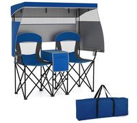 RELAX4LIFE Sedia da Spiaggia Doppia per 2 Persone, Sedia da Campeggio Pieghevole con Tettuccio Regolabile, Borsa Termica, Portabicchieri, Tasca Portaoggetti e Borsa da Trasporto, Max 300kg (Blu)