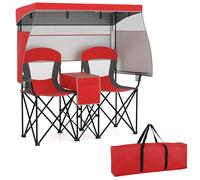RELAX4LIFE Sedia da Spiaggia Doppia per 2 Persone, Sedia da Campeggio Pieghevole con Tettuccio Regolabile, Borsa Termica, Portabicchieri, Tasca Portaoggetti e Borsa da Trasporto, Max 300kg (Rosso)