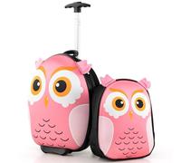 RELAX4LIFE Set 16''+12'' di Valigie per Bambini 2 in 1, 2 Pezzi, Trolly 16''+Zaino 12'', con Ruote Girevoli, Maniglia Retrattile, Zaino con Piedini in Plastica (Gufo)