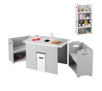 RELAX4LIFE Set 5 in 1 Tavolino e Sedie Bambini, con 2 Sedie che si Trasformano in Armadietto, Rivestimento Rimovibile e Ampio Spazio, Tavolo e Sedia in Legno per Bambini 3+ Anni, Portata 90+30kg