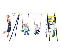 RELAX4LIFE Set Altalene da Giardino per Bambini 5 in 1 con Altalena a Piattino, Altalena con Cintura, Canestro da Basket, Rete e Scala da Arrampicata e Struttura in Metallo, Carico 175 KG