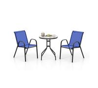 RELAX4LIFE Set Bistrò da Esterno 3 Pezzi con Tavolo Rotondo in Vetro Temperato e 2 Sedie con Schienale Alto in Textilene Traspirante, Set Mobili da Giardino per Veranda/Patio, Portata 150 KG (Blu)