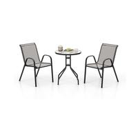 RELAX4LIFE Set Bistrò da Esterno 3 Pezzi con Tavolo Rotondo in Vetro Temperato e 2 Sedie con Schienale Alto in Textilene Traspirante, Set Mobili da Giardino per Veranda/Patio, Portata 150 KG (Grigio)