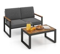 RELAX4LIFE Set da Giardino 2 Pezzi, Mobili da Esterno con Divano a 2 Posti e Tavolino in Legno, Cuscini Morbidi, Set da Bistrot in Alluminio Resistenti alla Ruggine, per Balcone, Terrazza, Grigio