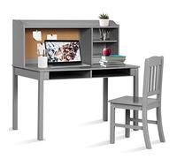 RELAX4LIFE Set da Scrivania e Sedia per Bambini, 111,7x60,5x110,7cm, Tavolo da Studio con Vani Aperti, Cassetti, Mensola Regolabile, Tavolo e Sedia per Cameretta con Bacheca in Sughero (Grigio)