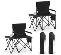 RELAX4LIFE Set di 2 Sedie da Campeggio con Tavolino, Sedia da Spiaggia Pieghevole con Portabicchieri, Tasche portaoggetti, Gambe Metalliche, Borsa da Trasporto, Max 150kg, per Pesca, Picnic (Nero)