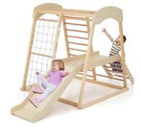 RELAX4LIFE Set di Arrampicata Multifunzione, Parco Giochi in legno Massello con Scivolo, Centro Attività da Interno ed Esterno, per Bambini 1 a 5 Anni (205x112x120 cm, Naturale)
