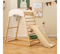 RELAX4LIFE Set di Arrampicata Multifunzione, Parco Giochi in legno Massello con Scivolo, Centro Attività da Interno ed Esterno, per Bambini 1 a 5 Anni (67x105x113 cm, Naturale)