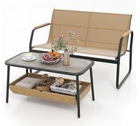 RELAX4LIFE Set di Mobili da Giardino, Set da Giardino 2 Pezzi, Panca da Giardino con Tavolino, Superficie Simile al Legno, Supporto Rinforzato, 2 Scomparti di Stoccaggio, Per Interno ed Esterno