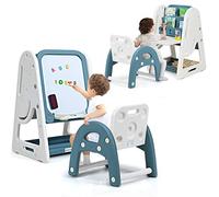 RELAX4LIFE Set di Tavolo con Libreria e Lavagna e Sedia per Bambini, Lavagna Magnetica Cancellabile con Altezza Regolabile, Tavolo Ribaltabile e Stoccaggio Ampio con Sedia (Blu)