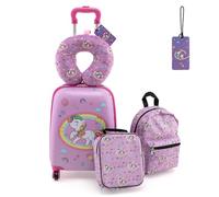 RELAX4LIFE Set di Valigietta per Bambini da 5 Pezzi con Valigia da 38 cm a Mano, Zaino da 33 cm, Cuscino per il Collo, Borsa Pranzo Isolata, Etichetta, Valigia con Ruote Rigide (ROSA)