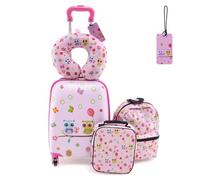 RELAX4LIFE Set di Valigietta per Bambini da 5 Pezzi con Valigia da 38 cm a Mano, Zaino da 33 cm, Cuscino per il Collo, Borsa Pranzo Isolata, Etichetta, Valigia con Ruote Rigide (ROSA CHIARO)