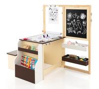 RELAX4LIFE Set Tavolo con Sedie 3 in 1, Cavalletto Regolabile/Scaffale/Scrivania/Lavagna Bianca/Lavagna Nera/Libreria con Tazze,Pennarelli,Gomma, Gessetti,114x81x100 cm (Caffè)