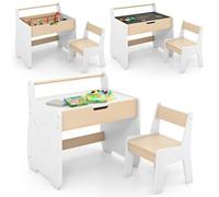 RELAX4LIFE Set Tavolo e Sedia 2 in 1 per Bambini, Scrivania in Legno con Piano Bifacciale Rimovibile, Ampio Spazio Archiviazione, Design Multifunzionale per Camera dei Bambini (Bianco+Naturale)