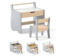 RELAX4LIFE Set Tavolo e Sedia 2 in 1 per Bambini, Scrivania in Legno con Piano Bifacciale Rimovibile, Ampio Spazio Archiviazione, Design Multifunzionale per Camera dei Bambini (Grigio+Naturale)