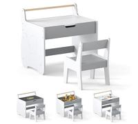 RELAX4LIFE Set Tavolo e Sedia 2 in 1 per Bambini, Scrivania in Legno con Piano Bifacciale Rimovibile, Ampio Spazio Archiviazione, Design Multifunzionale per Camera dei Bambini (Bianco+Grigio)