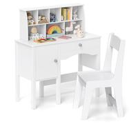 RELAX4LIFE Set Tavolo e Sedia per Bambini, Scrivania da Studio con Sedia, Scaffale Aperto, Armadio e Cassetto, Tavolo Multifunzione per Bambini 3 + Anni per Imparare, Scrivere, Cameretta, Bianco