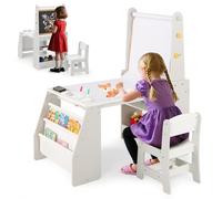 RELAX4LIFE Set Tavolo e Sedia per Bambini, Tavolo Artistico Multifunzione con Lavagna Bianca/Nera, Rotolo di Carta, 2 Ripiani Aperti e Libreria a 2 Ripiani, Include 1 Sedia, per Disegno (Grigio)