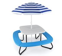 RELAX4LIFE Set Tavolo e Sedie per Bambini, Set Mobile da Esterno con Ombrello Parasole da Esterno, Tavolino e Panche da Giardino Terrazzo Balcone, Mobile da Picnic e BBQ (Modello 12)