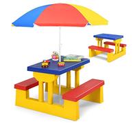 RELAX4LIFE Set Tavolo e Sedie per Bambini, Set Mobile da Esterno con Ombrellone Parasole da Esterno, Tavolino e Panche da Giardino Terrazzo Balcone, Mobile da Picnic e BBQ (Modello 2)