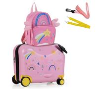 RELAX4LIFE Set Valigia Cavalcabile/Trolley per Bambini 18‘’ con Zaino 12‘’, 4 Ruote Girevoli, Maniglia Retrattile 56cm, 2 Cingie Multiuso, Zaino: 26x30cm/Trolley:47x26,5x36,5cm (ROSA-2)