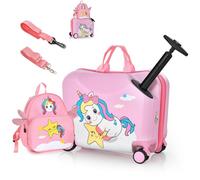 RELAX4LIFE Set Valigia Cavalcabile/Trolley per Bambini 18‘’ con Zaino 12‘’, 4 Ruote Girevoli, Maniglia Retrattile 56cm, 2 Cingie Multiuso, Zaino: 26x30cm/Trolley:47x26,5x36,5cm (Rosa)