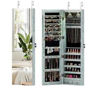 RELAX4LIFE Specchio Portagioie da Terra, Armadietto per Gioielli con Luce LED, Specchio a Figura Intera, Specchiera Portagioie per Camera da Letto, 33,5 x 10 x 120 cm (Blu)