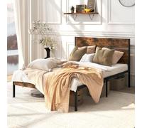 RELAX4LIFE Struttura Letto 200 x140 cm in Metallo Matrimoniale, Piattaforma con Testiera Industriale e Doghe, Spazio Sotto, Montaggio Facile, Silenzioso, Carico 360 kg, Marrone Rustico