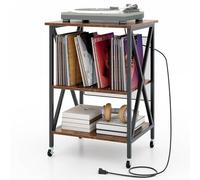RELAX4LIFE Supporto per Giradischi con Stazione di Ricarica, Porta Vinili a 3 Ripiani con Ruote, Espositore per 250 Album, Carico Max 90kg, per Ufficio, Studio, Camera da Letto (Marrone)
